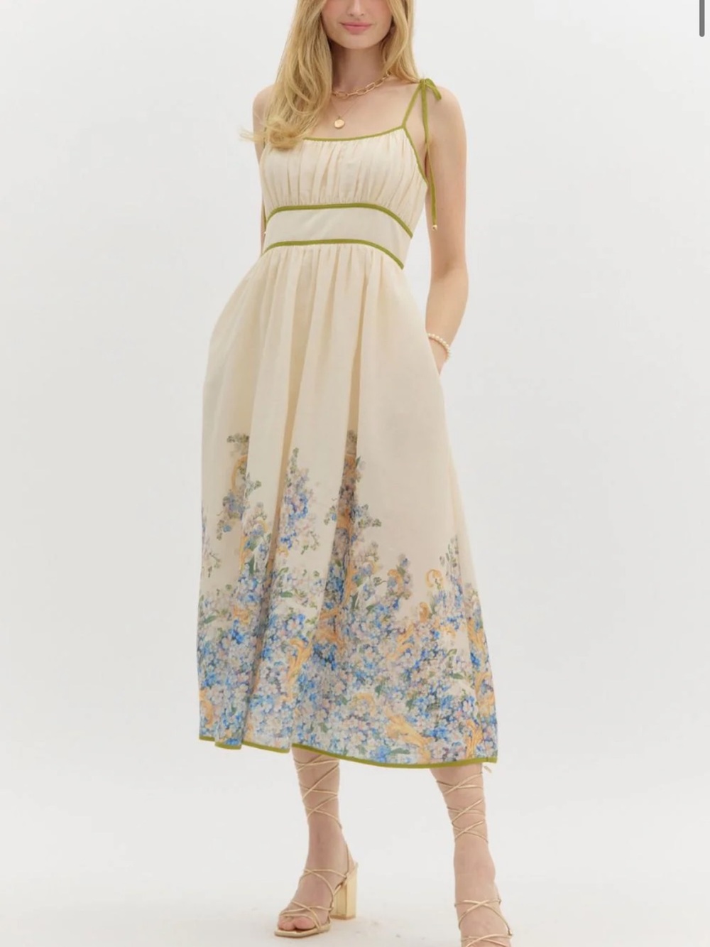 NWT Entro Cream Floral Midi Sundress with Green Trim